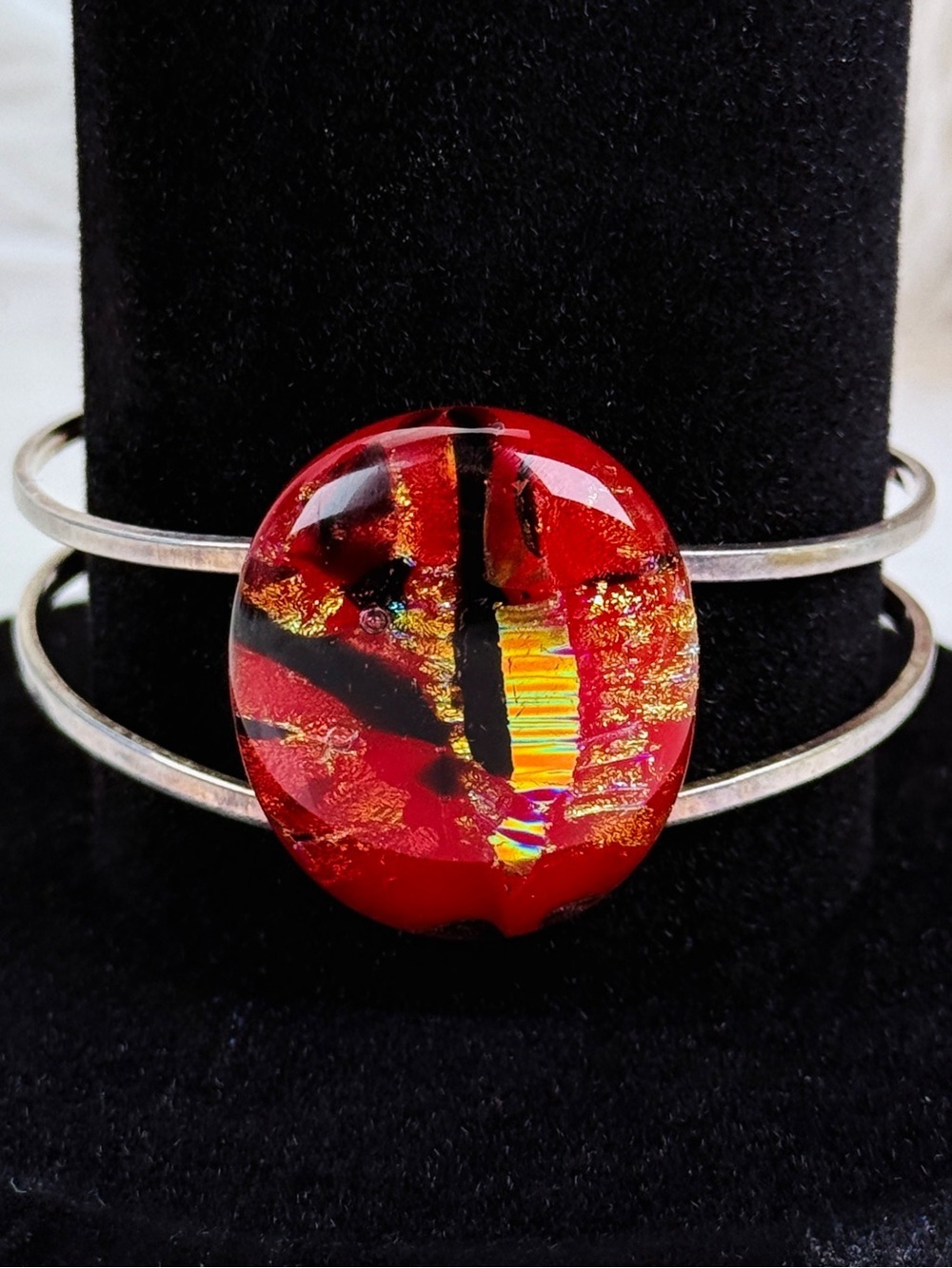 Vintage Silvertone, red gold foil glass cuff bracelet